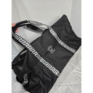 Versace Parfums Black Weekender Duffel zip Bag with Greca Key detachable strap